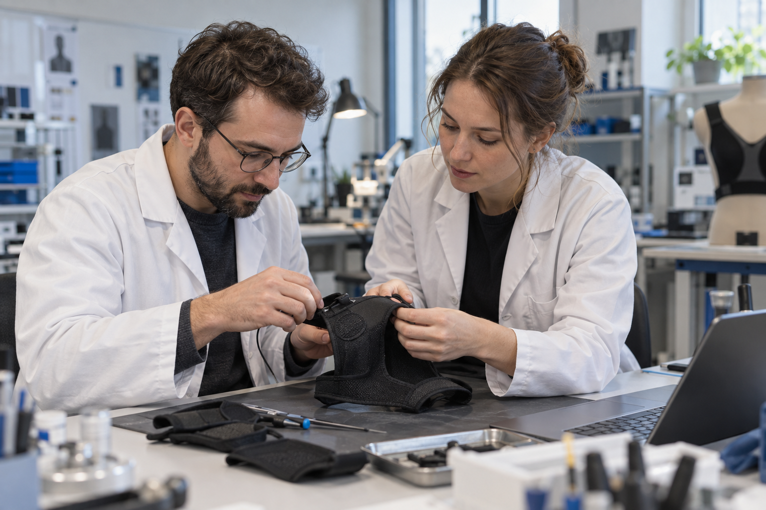 Engineers working together on a wearable prototype