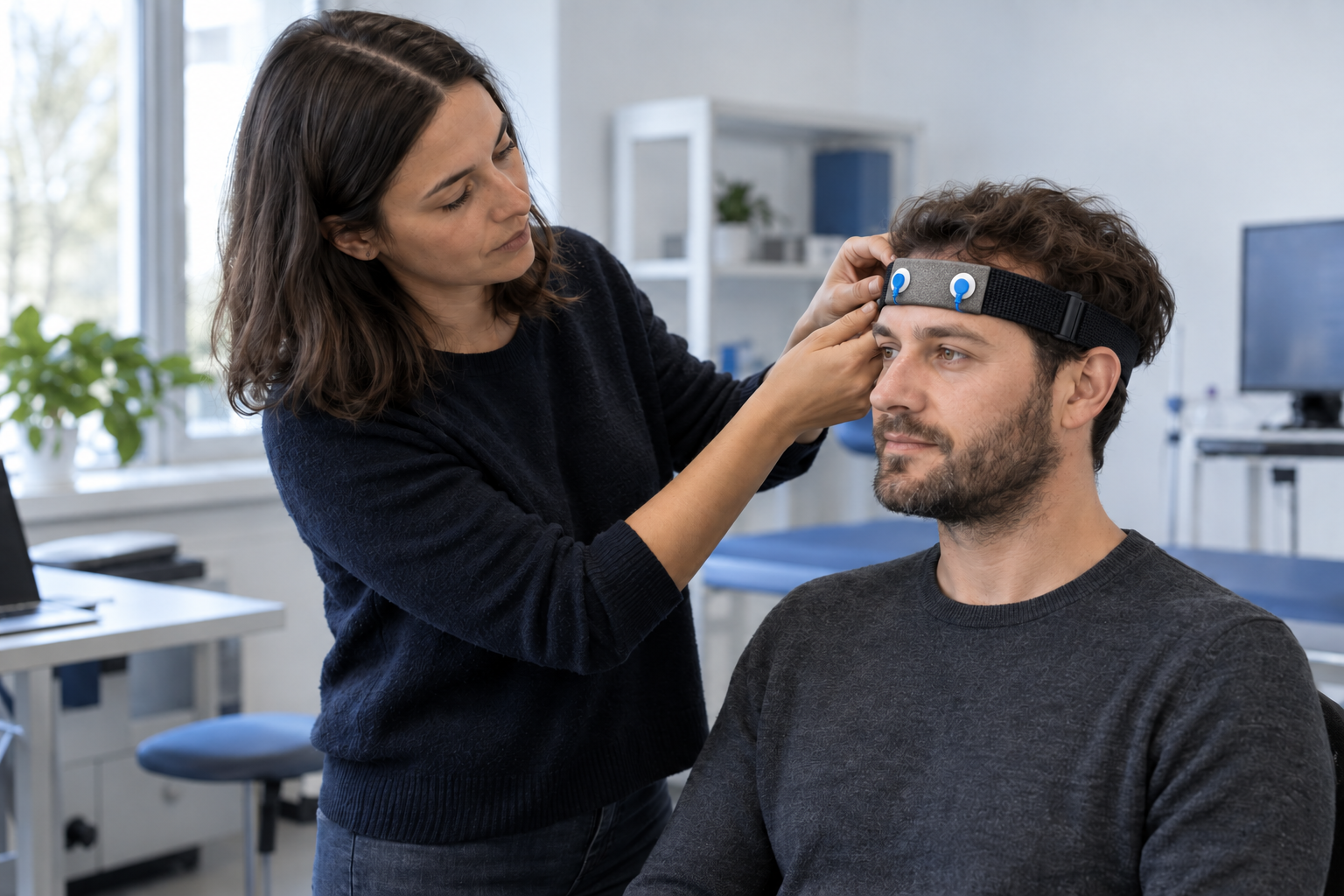 A researcher checking the fit of a forehead band