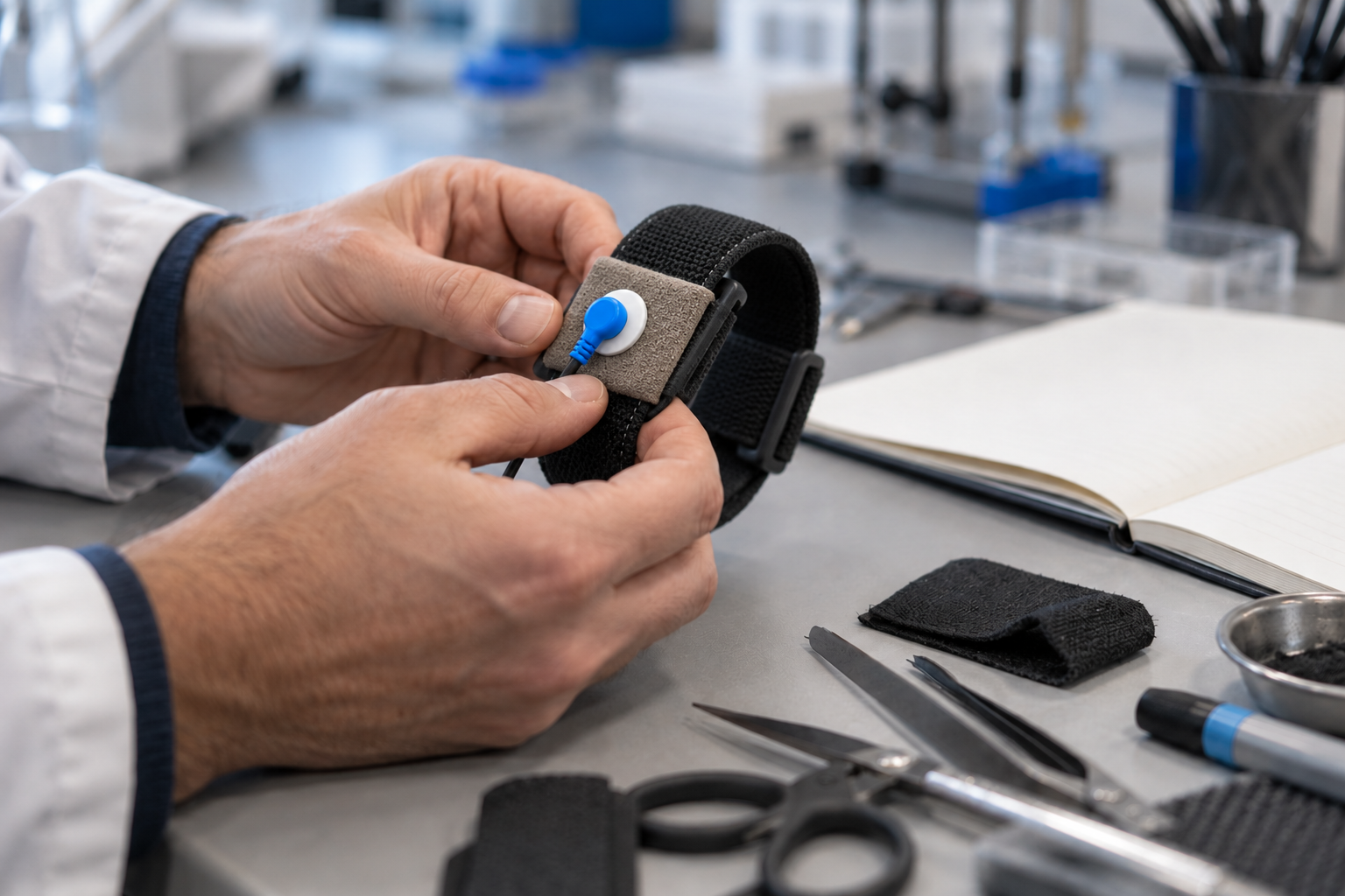 Hands refining a wearable prototype at a workbench